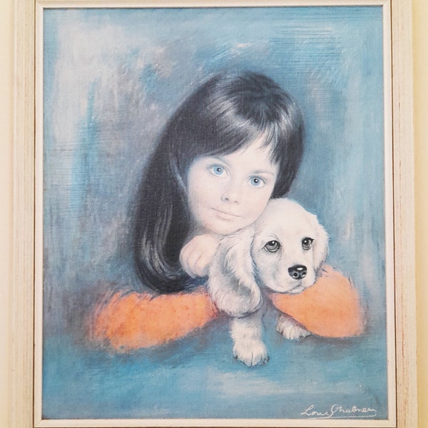 60's Original Large Vintage Framed Art - Puppy Love By Louis Shabner - Gouache on Board - Girl & Puppy - Kitsch Retro Wall Art 25.5 x 21.5"