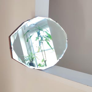Mid Century Frameless Bevelled Edge Wall Mirror - Landscape Multi Sided Bevel Mirror -  Vintage Deco Wood Backed Mirror w/ Chain - 13&quot; x 22&quot;