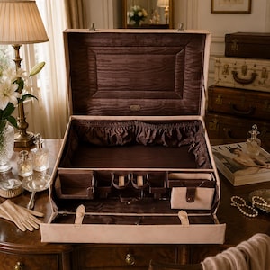 May include: A light beige open vanity case with a dark brown interior lining. The interior features a large main compartment, a gathered fabric pocket, and several smaller structured sections for organising personal items and accessories.