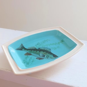 50&#39;s Vintage Sandygate Devon Ceramic Pottery Dish - Perch Fish on Blue - Trinket Catchall Ring Tray - Fishing Anglers Men&#39;s Birthday Gift