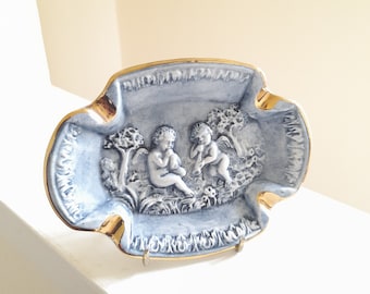 60's Vintage Italian Cherub Porcelain Ashtray - R Capodimonte MAS Stamp - Relief Detailing Gold Gilt Rim w/ Blue Glaze - Regency Tobacciana