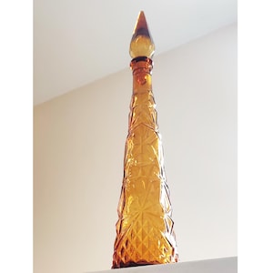 60&#39;s Empoli Amber Glass Vase Vintage Italian Art Glass Genie Bottle Star Diamond Geometric Cut Glass Mantle or Floor Vase Mid Century Modern
