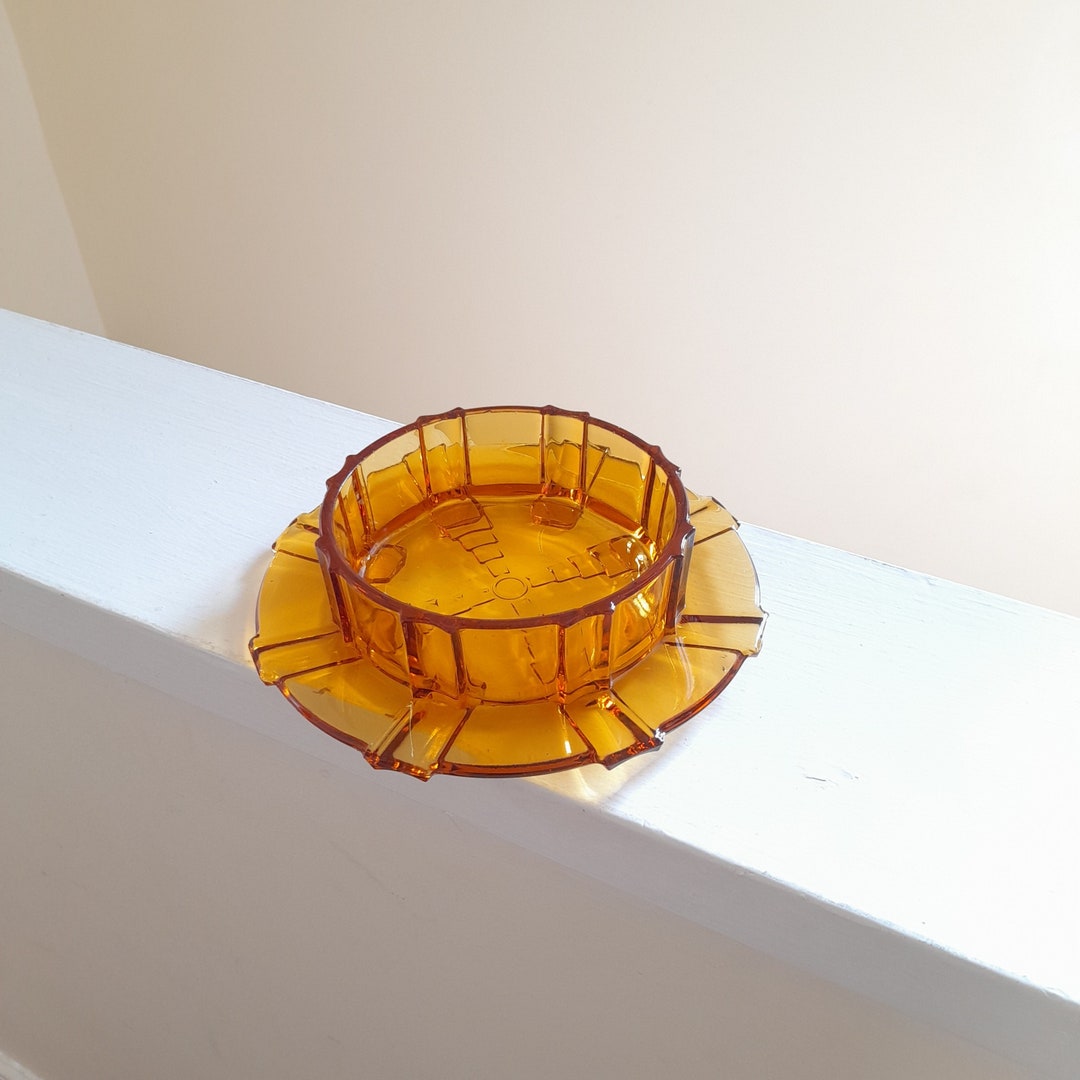 Vintage Art Deco Amber Glass Butter Dish Stolzle Glass Czechoslovakia