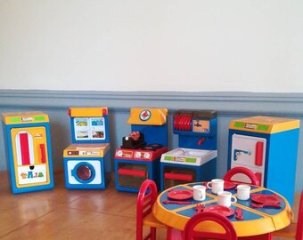 70's Pedigree Playtime Kitchen Play Set - Table, Chairs and Crockery, Washing Machine, Cooker, Fridge & Ironing Cupboard in Original Boxes
