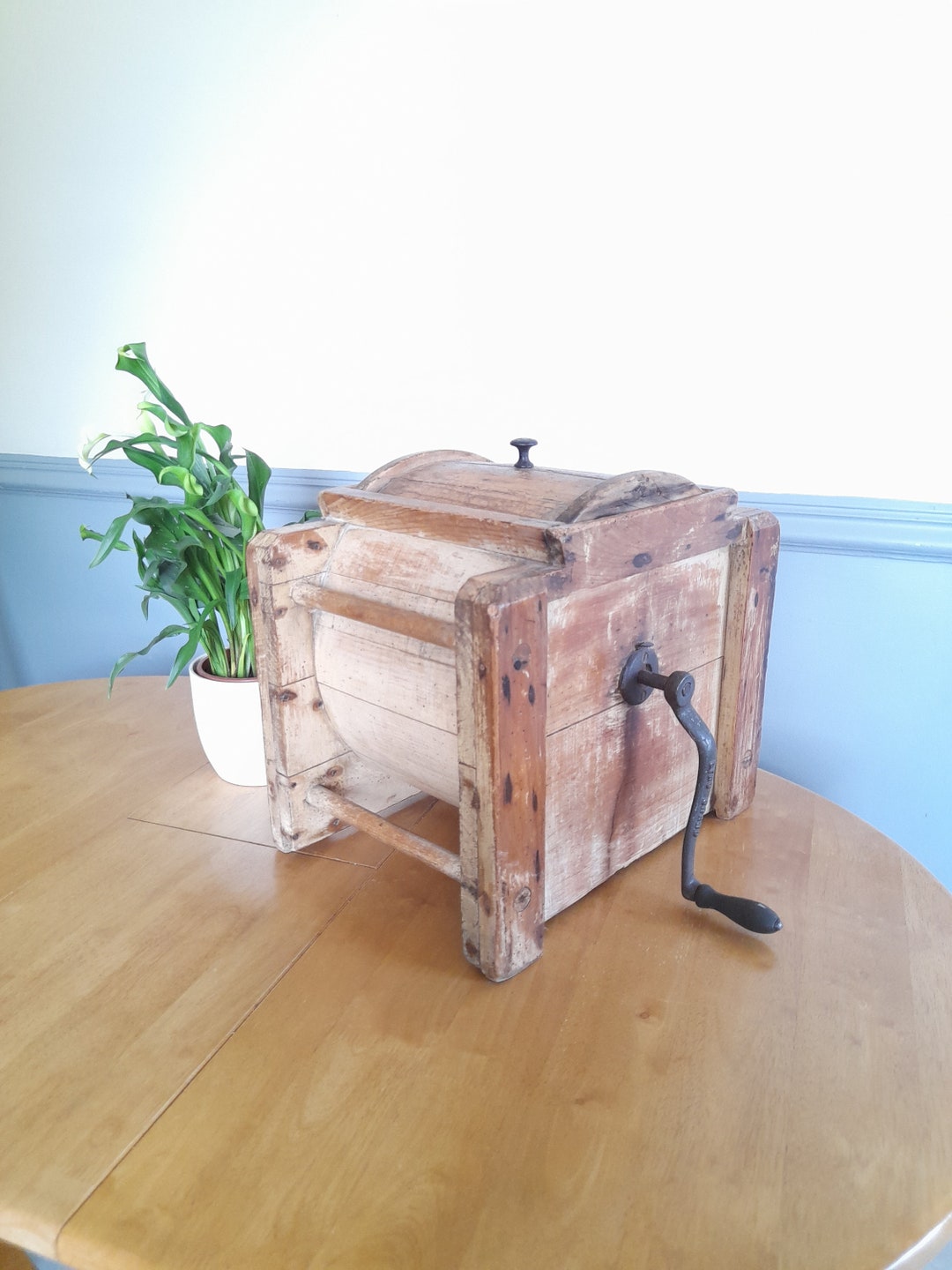 Large Antique Oak Butter Churn W/ Cast Iron Handle Lyng Brand Vintage