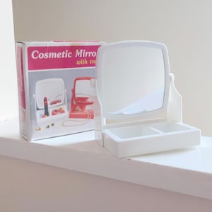 80s Kitsch Vanity Mirror with Storage Tray - Vintage White Plastic Cosmetic Mirror