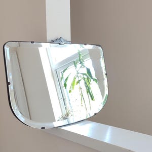 30&#39;s Art Deco Distressed Wall Mirror w/ Bevelled Frameless Edge & Chrome Fantail Crest - Ready To Hang MCM Vintage Accent Mirror - 14 x 21&quot;