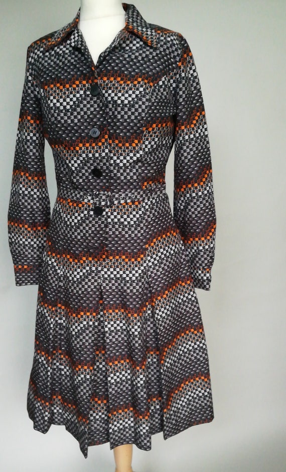 70's Vintage Pleated Shirt Dress - Orange, Grey, B