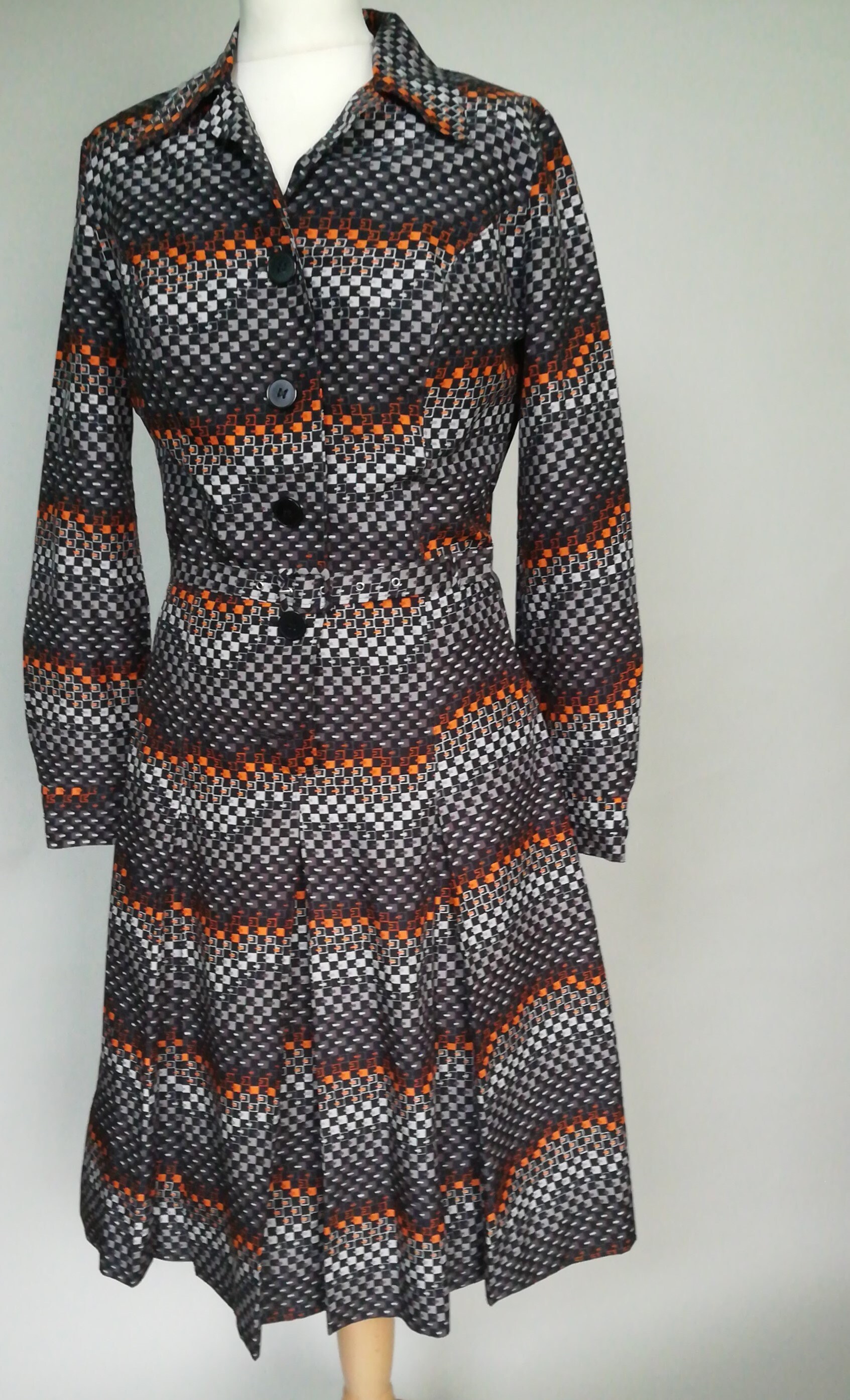 Image of 's Vintage Pleated Shirt Dress - Orange, Grey, Black Tru Uk -/Women's Dresses Retro Work & Play