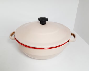 40's Vintage Pink & Red Lidded Enamel Roasting Tin / Stock Pot / Casserole Dish- Goldfish Brand, China - Retro Kitsch Enamelware Kitchenalia