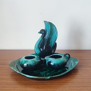 Mid Century Vintage Blue Mountain Pottery 4Pc Set - Swan Vase / Bowl, Jug & Tray - Green Drip w/ Black Base Canadian BMP Vintage Home Décor