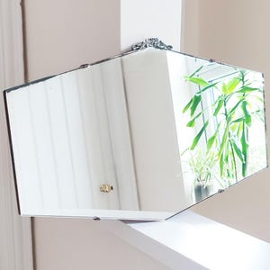 30&#39;s Art Deco Wall Mirror w/ Bevelled Frameless Edge & Chrome Floral Crest Detail - MCM Vintage Accent Mirror - Ready To Hang 13.5 x 22&quot;