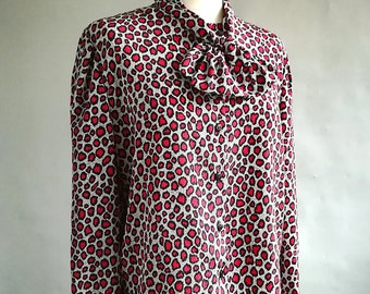 80's Vintage Animal Print Neck Tie Shirt - UK 12 - Red/Grey / Women's Vintage Shirts / Women's Blouses / Vintage Leopard Print Shirts