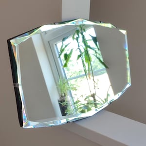 Mid Century Modern Frameless Distressed Wall Mirror w/ Multi-Sided Faceted Bevel Edge - MCM Vintage Art Deco Bevelled Landscape 12.5 x 22&quot;