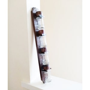 70&#39;s Vintage 4 Jar Teak Wall Hanging Spice Rack w/ Gold Labels - Unused In Packaging - Wall Mounted Vertical Rack - Wood & Glass Jar Rack