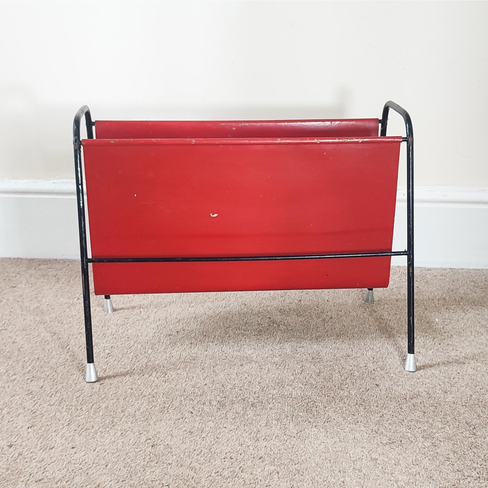 Vintage 60s Red Metal Magazine Rack: Mid Century Modern Record Holder ...