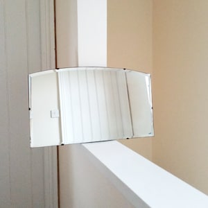 Mid Century Deco Frameless Wall Mirror - Curved Top w/  Full Bevel Edge - Vintage Landscape / Horizontal Mirror - Wood Back, Chain 13 x 22&quot;