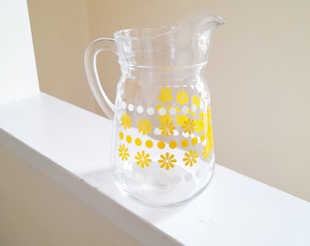 60er Retro 1Ltr Gelbe Gänseblümchen & Polka Dot Glas Krug / Blumenvase - Mid Century Modern Limonade Krug / Krug - Vintage Glaswaren