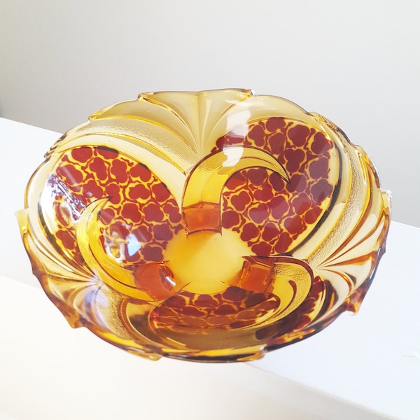 Vintage Large Art Deco Amber Glass Bowl - Czechoslovakia Stölzle Hermanova Hut Art Glass - Three Footed Serving Bowl w/ Graal Art Decoration