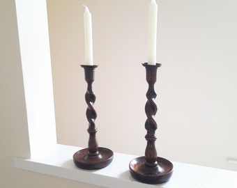 Edwardian Antique Pair Of Oak Barley Twist Candlesticks w/ Bronze Wax Drip Catcher Bobeches - Set of 2 Vintage Wood Candle Holders - 31cm