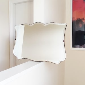 30&#39;s Large Art Deco Wall Mirror - MCM Frameless Bevelled Edge - Beautiful Tulip Shape Design - Ready To Hang - Vintage Landscape  18.5&quot;x28&quot;