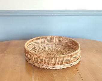 Großer Runder Vintage Weidenkorb - Flache Basis Dekorative Tisch Aufbewahrung - Rustikaler Natürlicher Rattan Geflochtener Brotkorb - Schaufenster 10 x 43 cm