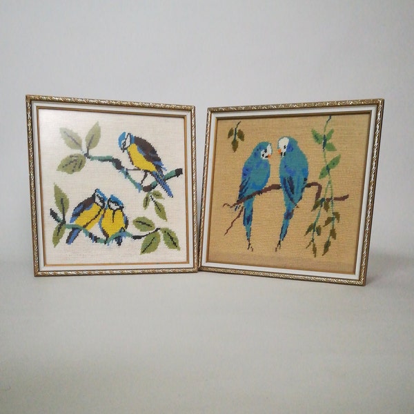 70 's Vintage vogel borduurwerk wandkleden-dwergpapegaaien & blauwe tieten/Vintage Wall Art/accent Wall Decor