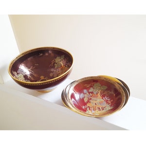 50&#39;s Carlton Ware Mikado Rouge Royale Set Of 2 Bowls - Enamel on Graduated Rouge Red & Black w/ Gold Gilt - Vintage Collectible Lustre Ware