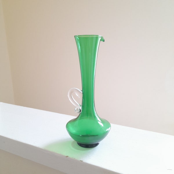 60's Vintage Long Neck Green Vase w/ Clear Handle - Mid Century Modern Fluted Vase Jug - MCM Hand Blown Art Glass - Minimalist Home Décor