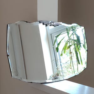 30&#39;s Art Deco Distressed Wall Mirror w/ Bevelled Frameless Edge & Diamond Chrome Crest - Ready To Hang MCM Vintage Accent Mirror 12.5 x 20&quot;