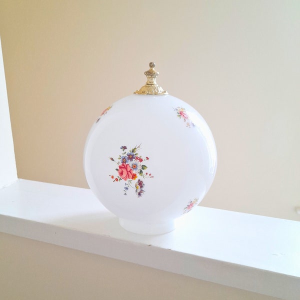 50's Milk Glass Globe Hanging Pendant Light - Floral Design Round Glass Lightshade - Rustic Kitsch Ceiling Light Shade - Country Home Décor