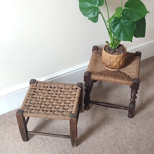 Vintage Pair of English Low Oak Footstools / Footrest Barley Twist Woven Rush Top Stool Plantstand Indoor Planter Country Rustic Boho Décor