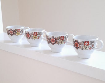 70's Myott 'Festival' 4 Pce Tea Coffee Cups - Mod Flower - Staffordshire Ironstone Pottery - Funky Retro Kitsch Boho Vintage Kitchenware