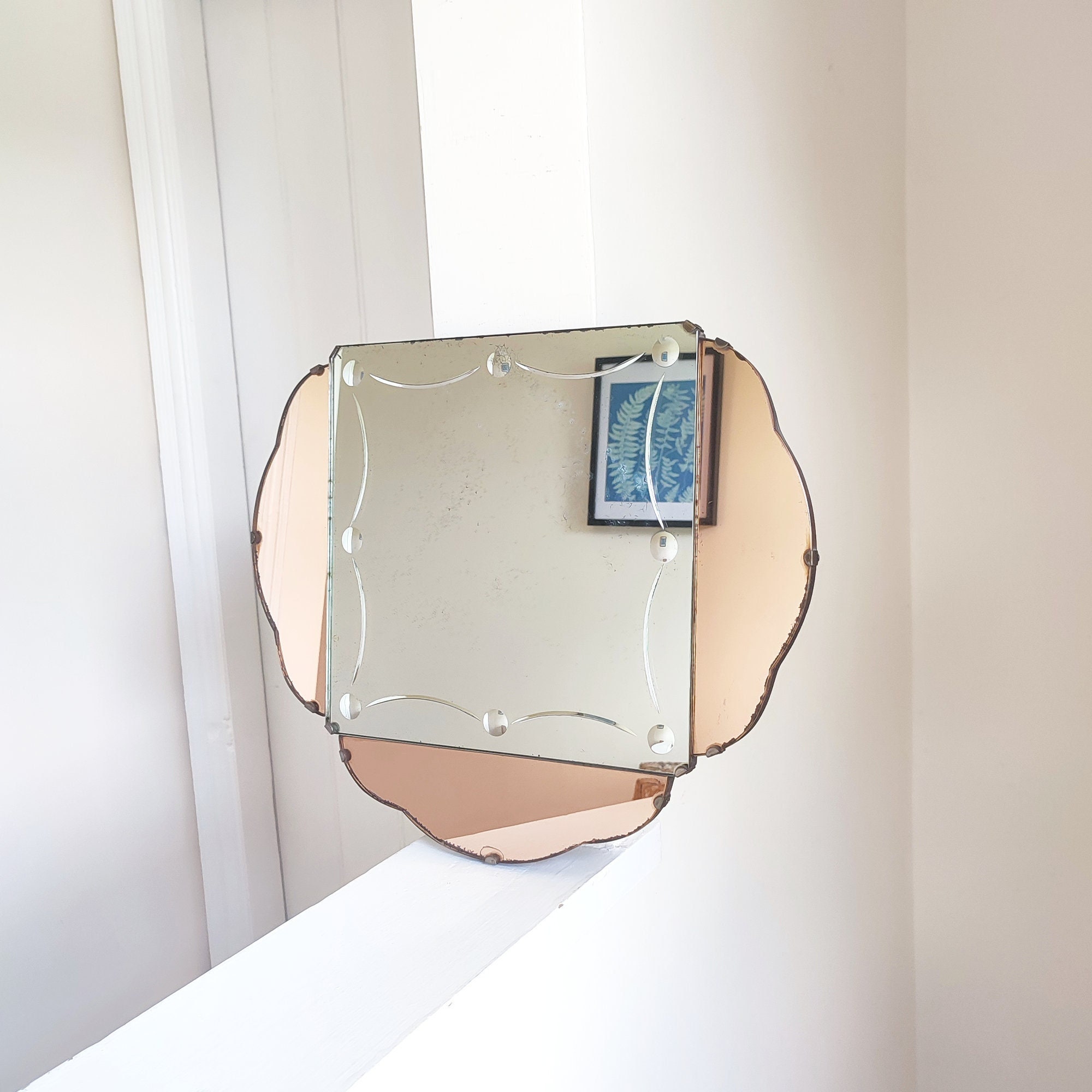 Art Deco Vintage Dual Tone Bubble Mirror, Beautifully