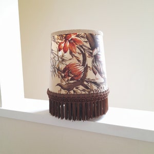 60&#39;s Vintage Lampshade / Lightshade - Retro Brown and Orange Floral Fabric with Two Tone Brown Fringe - Mid Century Lighting Décor