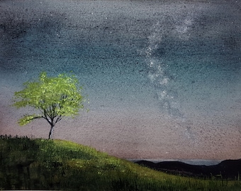 May include: A watercolor painting of a single tree on a grassy hill with a dark blue sky and a faint trail of white stars. The sky is a gradient of blue and pink.