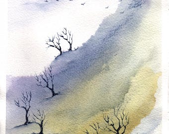 オリジナル水彩画、「赤と青の抽象風景」、1970年代頃、作者不明
