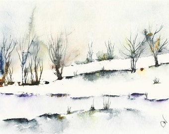 May include: A watercolor painting of a winter landscape with bare trees and a snowy field. The trees are silhouetted against a white sky, and the field is covered in a layer of snow. The painting has a soft, dreamy feel.