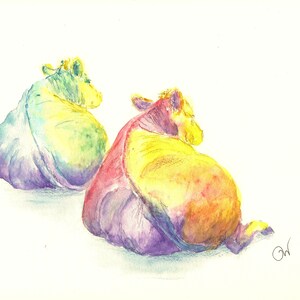 Colourful watercolour painting of two cows, &#39;Ruminations&#39;