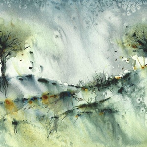 Original watercolour abstracted landscape painting &#39;Tears Like Rain&#39;