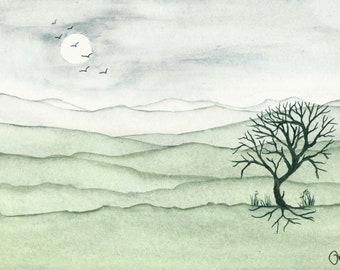 Pintura de paisaje abstracto de acuarela original