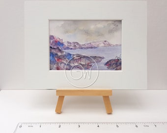 Miniature original watercolour landscape painting in mount. 'Stormy Coast'