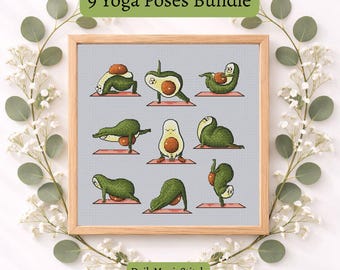 Funny Avocado Yoga Cross Stitch Bundle | 9 Mini Patterns | Plastic Canvas PDF Instant Download
