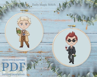 May include: Two cross stitch patterns featuring cartoon characters. The first pattern is of a man with blond hair holding a book and a cup of tea. The second pattern is of a man with red hair wearing sunglasses and holding a glass of wine and a bottle. The text "Daily Magic Stitch" is at the top of the image. The text "CROSS STITCH PATTERN PDF INSTANT DOWNLOAD" is at the bottom of the image.