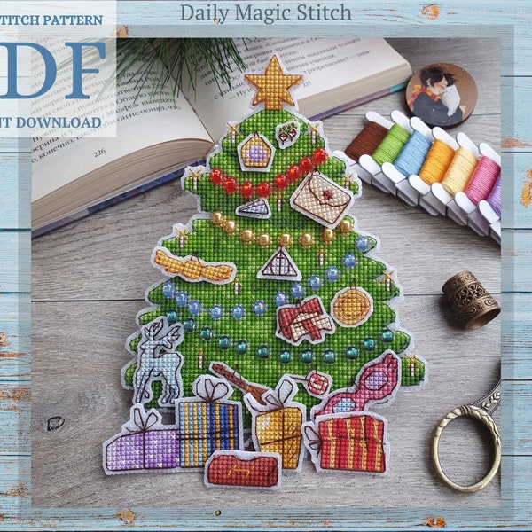 Christmas Tree with magic toys cross stitch pattern for plastic canvas, Magic Book embroidery (instant download PDF)