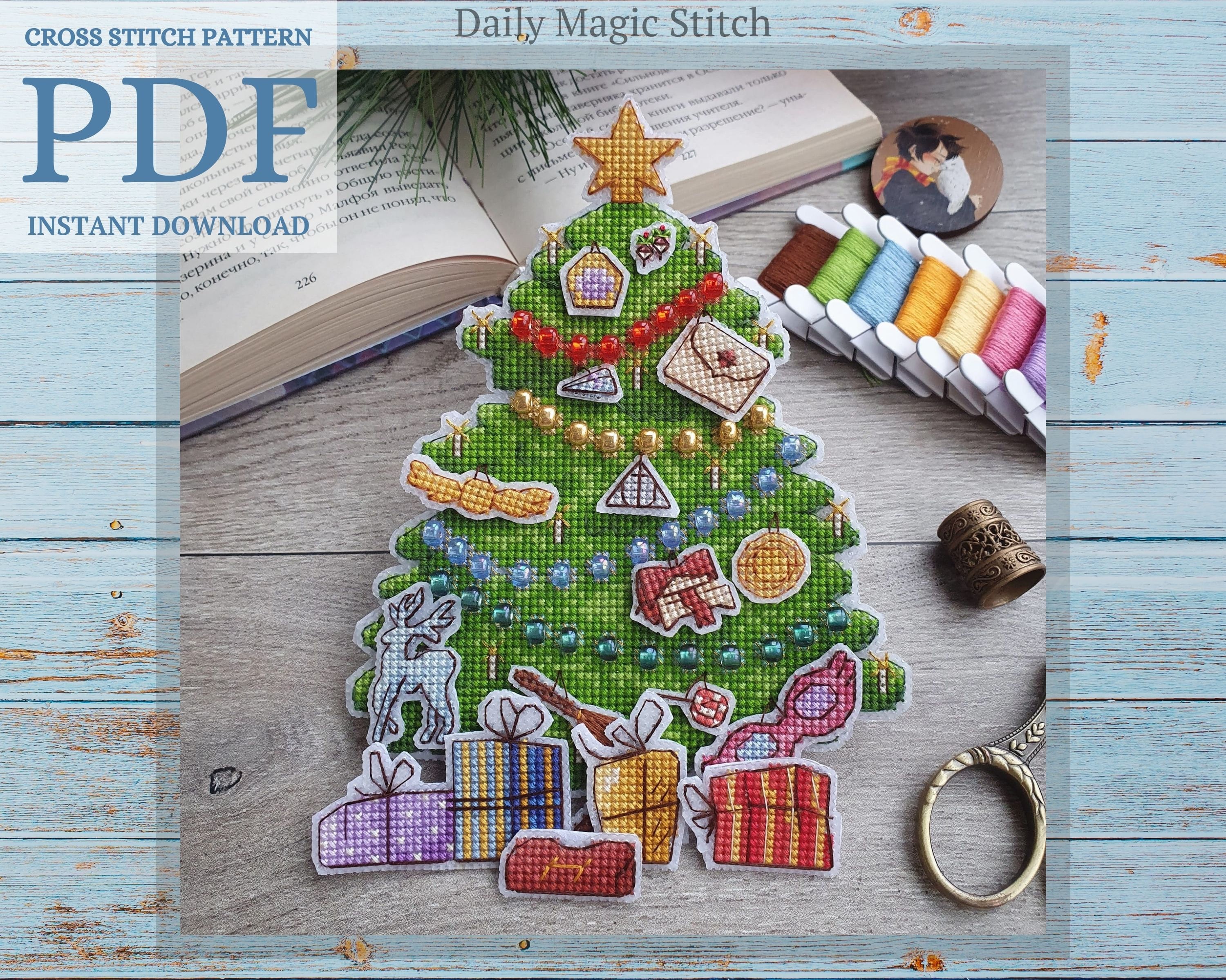 Christmas Tree with magic toys cross stitch pattern for plastic canvas, Magic Book embroidery (instant download PDF)