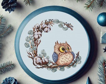 Owl cross stitch pattern, Cotton wreath cross stitch, Bird embroidery design Gift idea for owl lover Digital download PDF