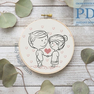 Wedding cross stitch pattern Love is Blackwork embroidery Boy and girl in love, Anniversary gift Digital download PDF pattern