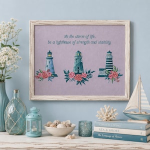 Blommigt fyrkorsstygnsmönster Fyrdekor Livscitat Ornament Hav Sommar korsstygnsprov Digital nedladdning PDF-mönster bild 1