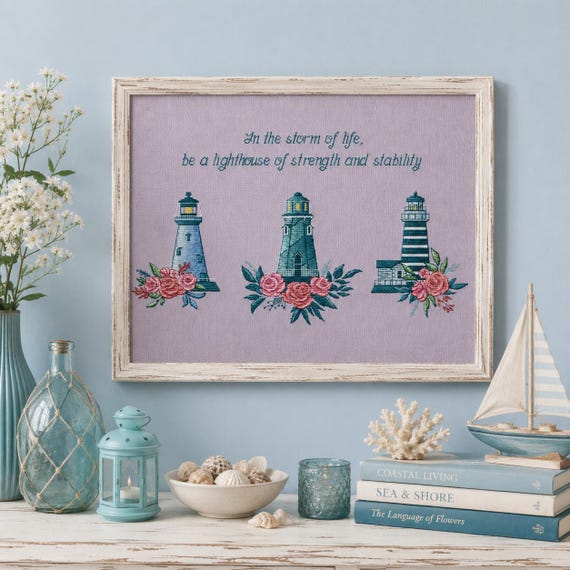 Floral lighthouse cross stitch pattern Lighthouse decor Life quotes Ornament Sea Summer cross stitch sampler Digital download PDF pattern